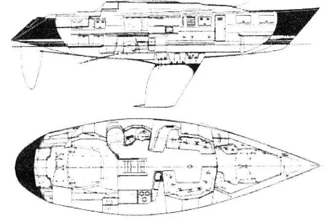 Slide: The Image of Blueprint of 1989 C&C 37/40+ sailboat, showing side and top views with interior layout. - 65