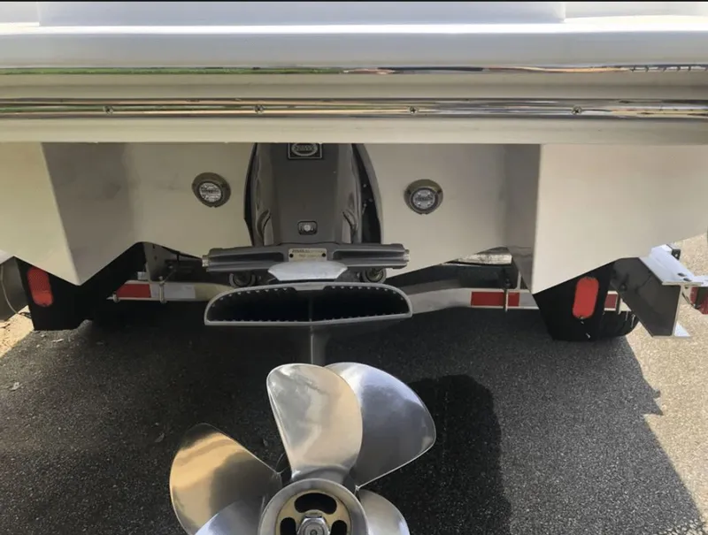 Slide: The Image of Rear view of a 2021 Cobalt R7 boat with propeller. - 16