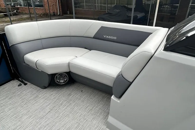 Slide: The Image of Luxurious seating on 2025 Viaggio Lago V-R boat, featuring modern design and comfort. - 14