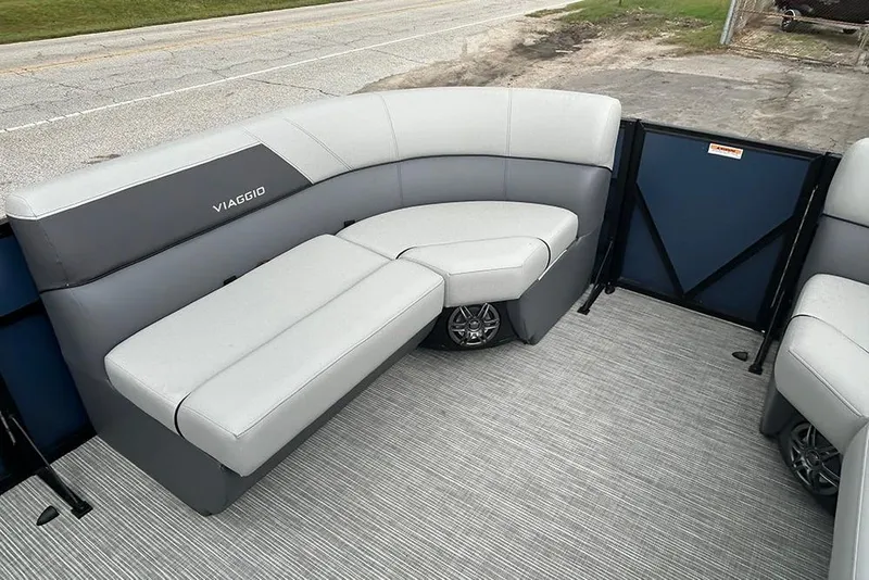 Slide: The Image of Luxurious seating on 2025 Viaggio Lago V-R pontoon boat with modern design and comfort. - 15