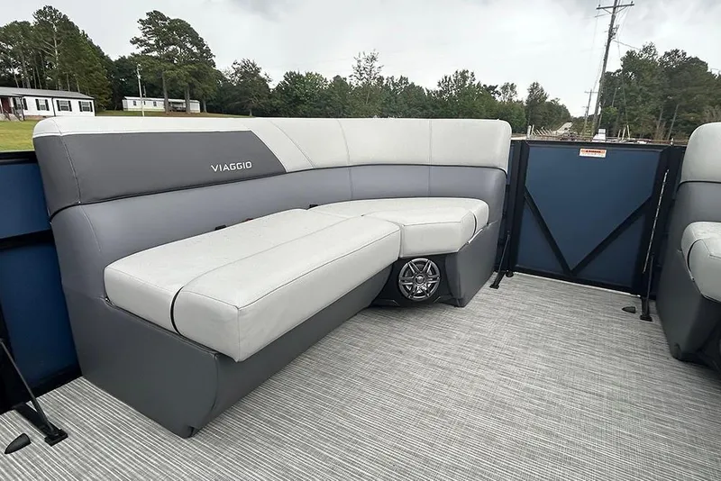 Slide: The Image of Luxurious seating on 2025 Viaggio Lago V-R boat, featuring sleek design and modern upholstery. - 17