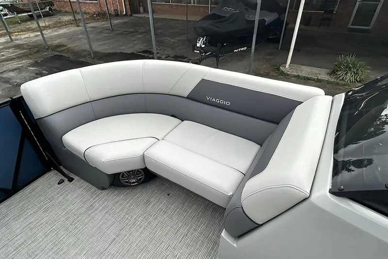 Slide: The Image of Luxurious seating on 2025 Viaggio Lago V-R boat, featuring sleek design and comfort. - 18