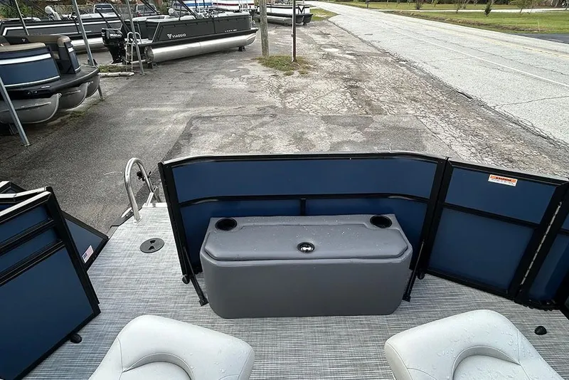Slide: The Image of 2025 Viaggio Lago V-R pontoon boat interior with seating and storage. - 30