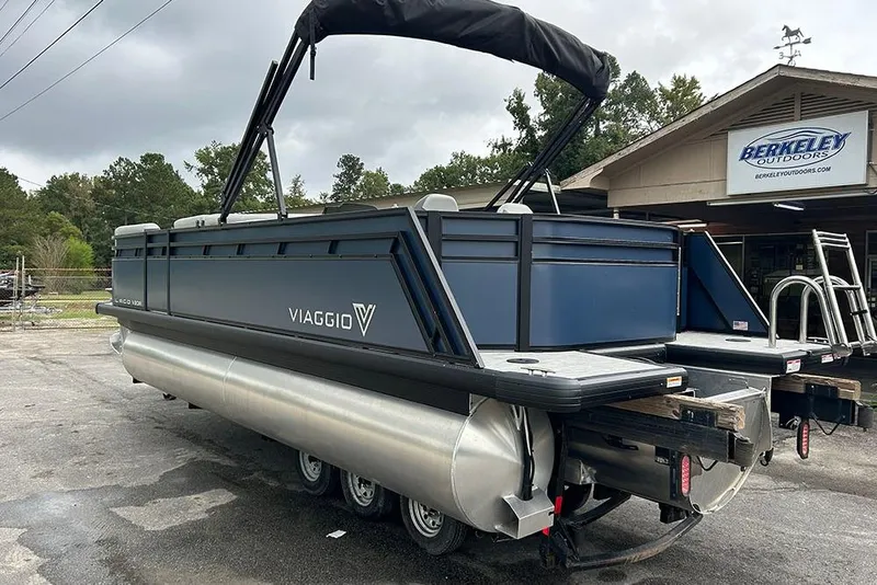 Slide: The Image of 2025 Viaggio Lago V-R pontoon boat at Berkeley Outdoors dealership. - 7