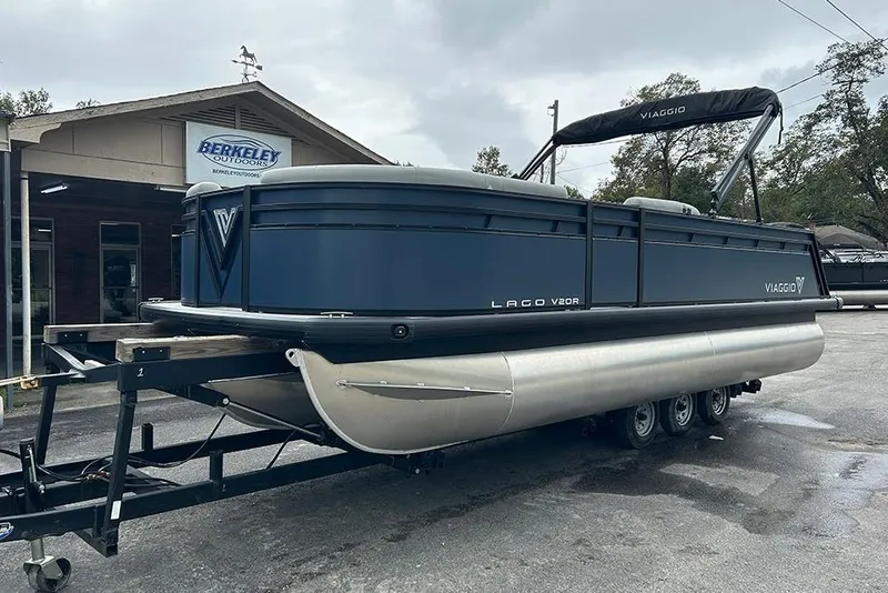 Slide: The Image of 2025 Viaggio Lago V-R pontoon boat on trailer at Berkeley Outdoors. - 9