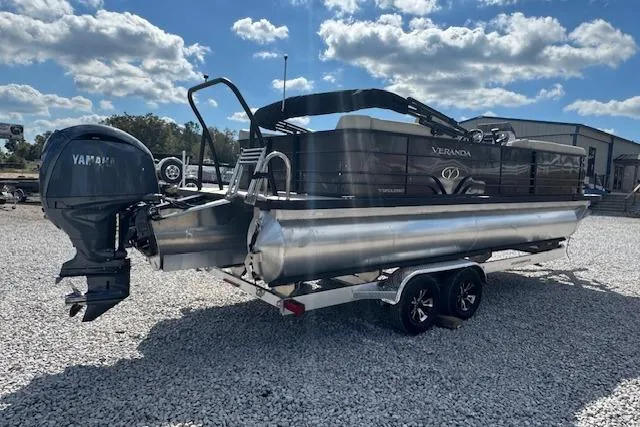 Slide: The Image of 2026 Veranda VISTA VIEW 22RC pontoon boat with Yamaha engine on a trailer. - 2