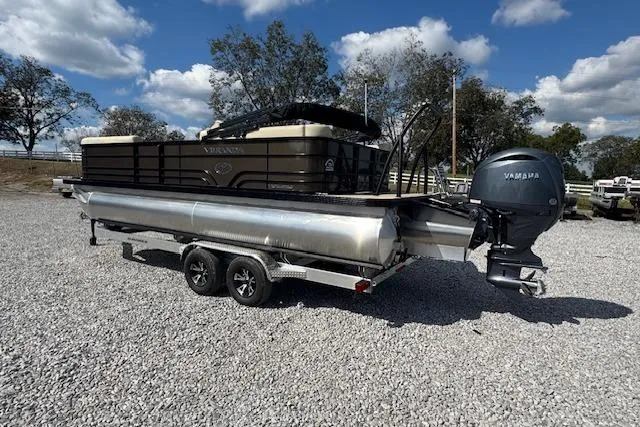 Slide: The Image of 2026 Veranda VISTA VIEW 22RC pontoon boat on a trailer, parked on gravel. - 3