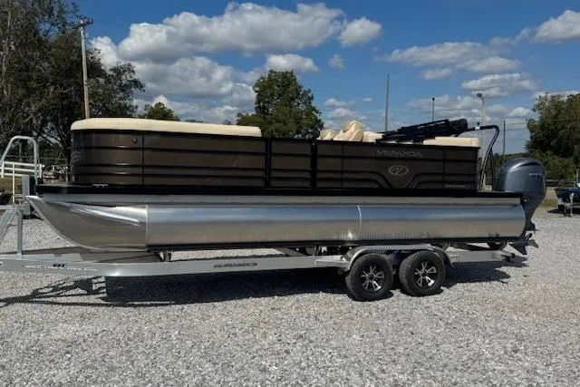 Slide: The Image of 2026 Veranda VISTA VIEW 22RC pontoon boat on trailer, parked outdoors. - 4