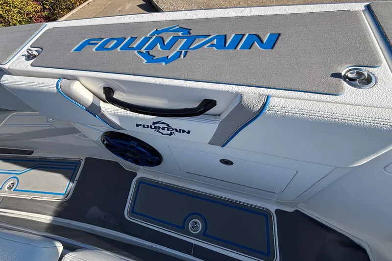 Slide: The Image of 2024 Fountain 38 SCX boat interior with logo and sleek design details. - 17