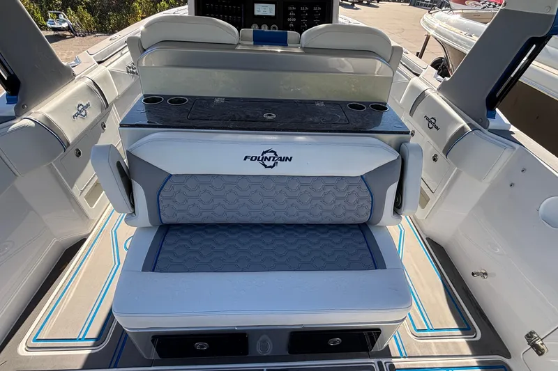 Slide: The Image of 2024 Fountain 38 SCX boat interior with stylish seating and modern design. - 26
