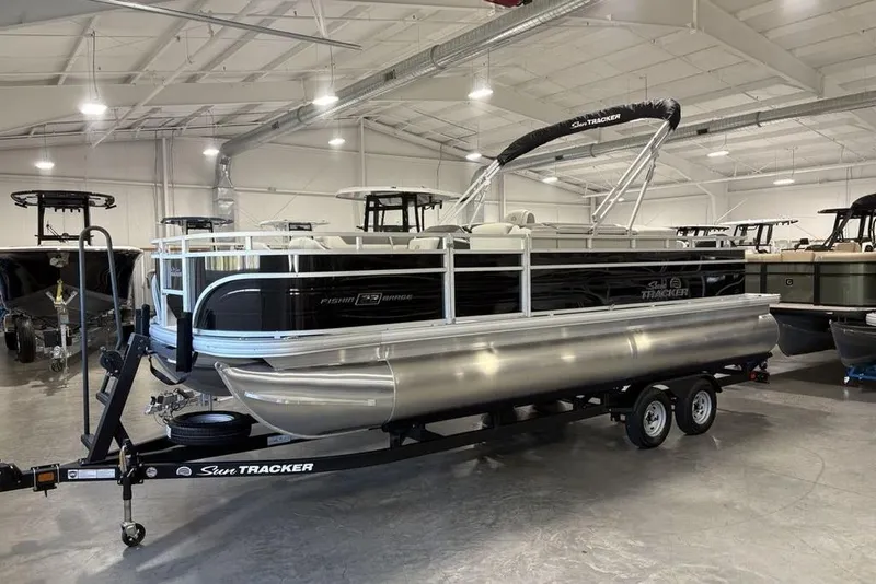 Slide: The Image of 2026 Sun Tracker Fishin' Barge 22 DLX boat seat, gray and white upholstery. - 5