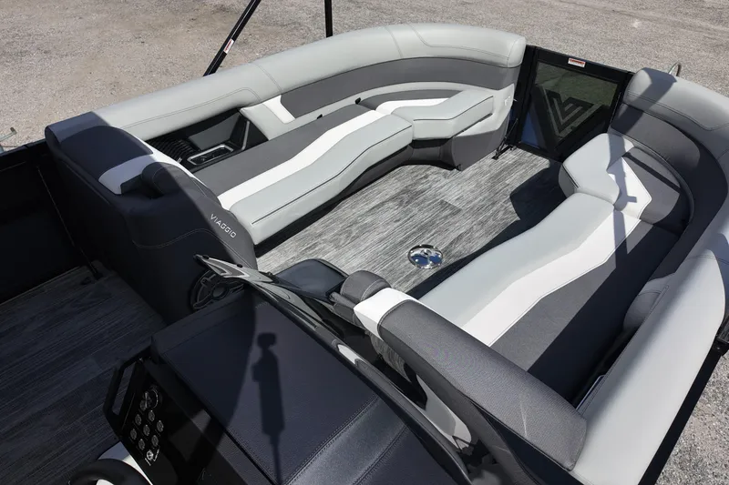 Slide: The Image of Luxurious interior of 2026 Viaggio Diamante 24S pontoon boat with stylish seating. - 11