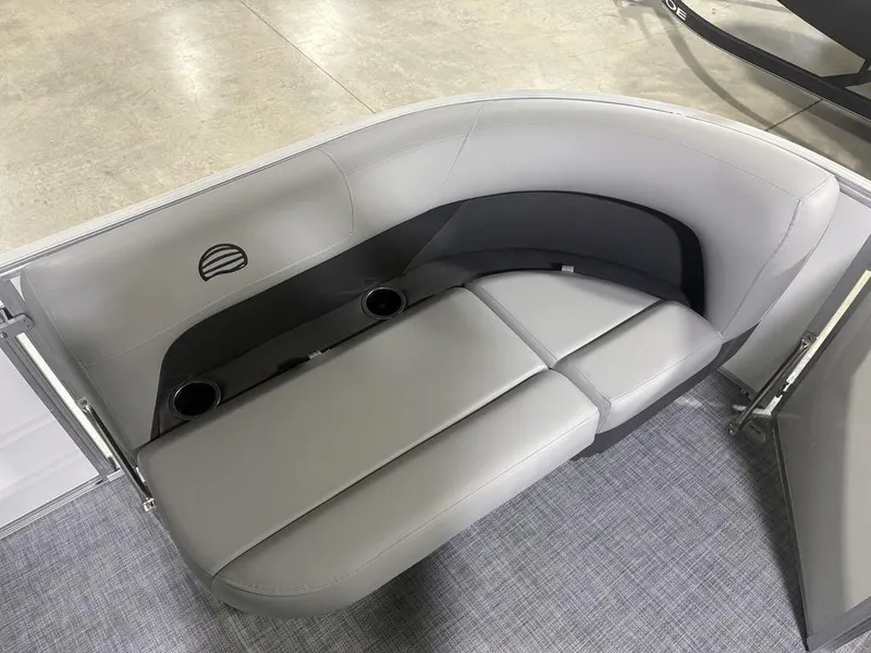 Slide: The Image of 2026 Sun Tracker PARTY BARGE® 16 DLX boat seating with cup holders, gray upholstery. - 3