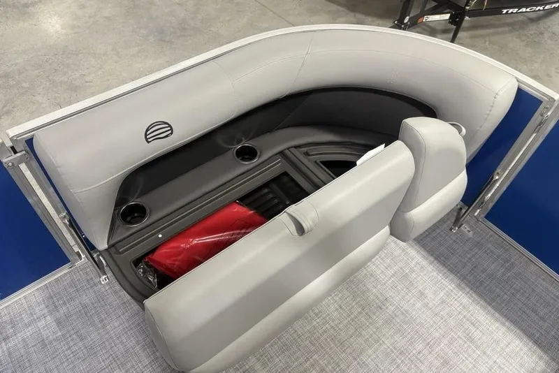 Slide: The Image of 2026 Sun Tracker Party Barge 16 DLX seating with storage and cup holders. - 9