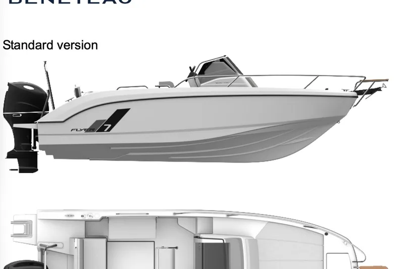 Slide: The Image of 2024 Beneteau Flyer 7 SPACEdeck interior with stylish seating at a marina. - 24