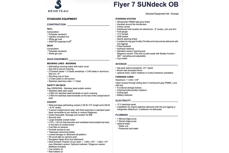 Slide: The Image of Beneteau Flyer 7 SPACEdeck 2024 equipment list detailing construction, deck, interior, and features. - 39