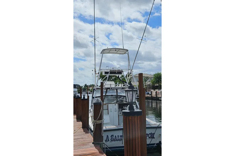 Slide: The Image of 1987 Rampage 28 Sportsman boat docked by waterfront homes. - 4