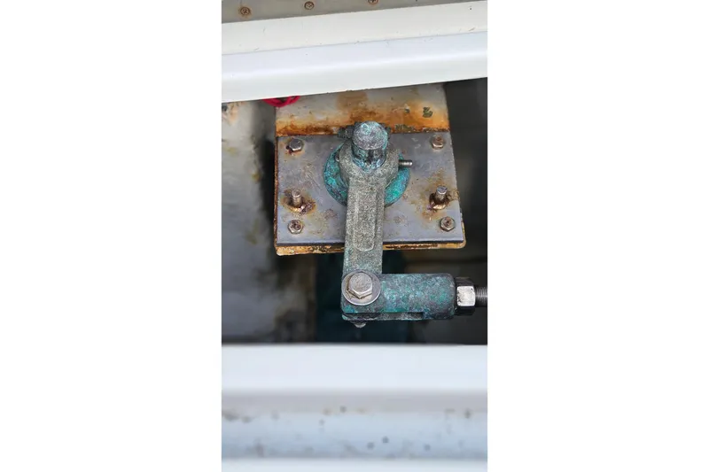Slide: The Image of Close-up of mechanical components on a 1987 Rampage 28 Sportsman boat. - 46