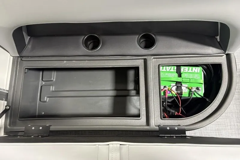 Slide: The Image of Storage compartment and battery setup in 2026 Sun Tracker Party Barge 18 DLX. - 22