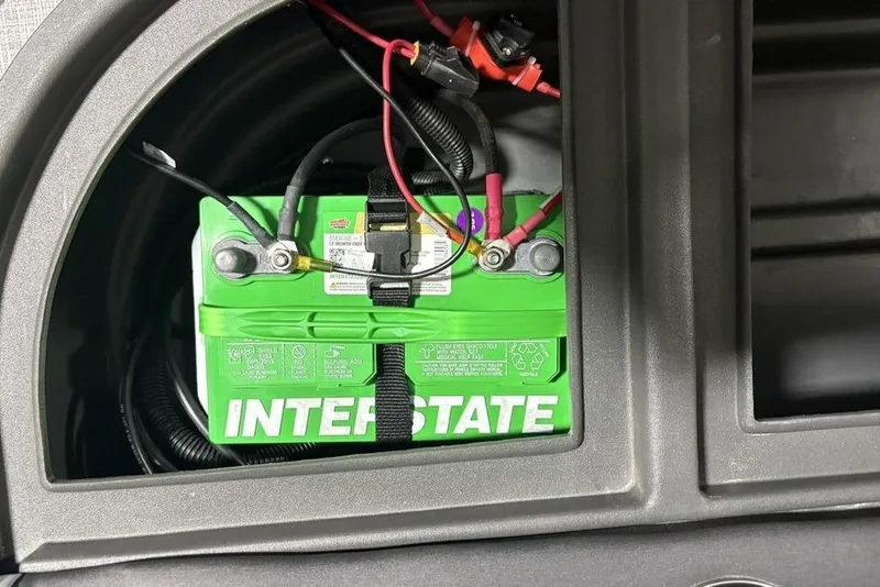 Slide: The Image of Interstate battery installed in 2026 Sun Tracker Party Barge 18 DLX boat. - 25