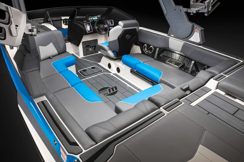 Slide: The Image of Manufacturer Provided Image: 2020 Malibu Wakesetter 23 MXZ interior with gray and blue seating. - 42