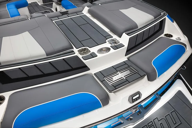 Slide: The Image of Manufacturer Provided Image: 2020 Malibu Wakesetter 23 MXZ boat interior with gray and blue seating. - 46