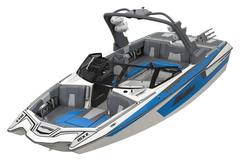 Slide: The Image of Manufacturer Provided Image: 2020 Malibu Wakesetter 23 MXZ wakeboard boat, blue and white, top view. - 47