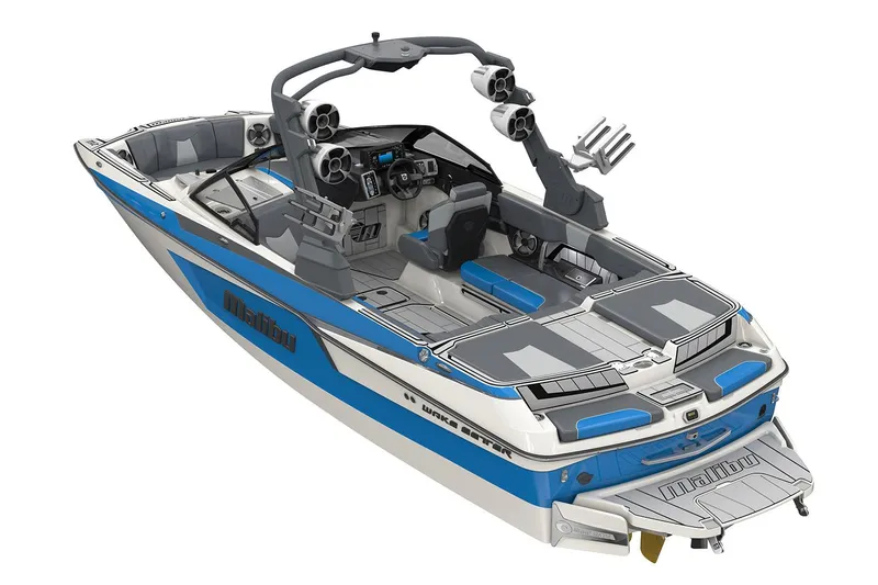Slide: The Image of Manufacturer Provided Image: 2020 Malibu Wakesetter 23 MXZ wakeboard boat with blue and white exterior. - 48