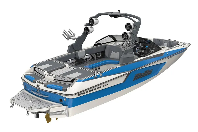 Slide: The Image of Manufacturer Provided Image: 2020 Malibu Wakesetter 23 MXZ wakeboard boat, blue and white, rear view. - 49