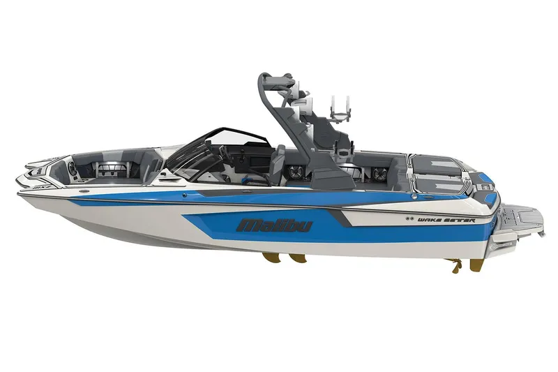 Slide: The Image of Manufacturer Provided Image: 2020 Malibu Wakesetter 23 MXZ wakeboarding boat, blue and white, side view. - 50