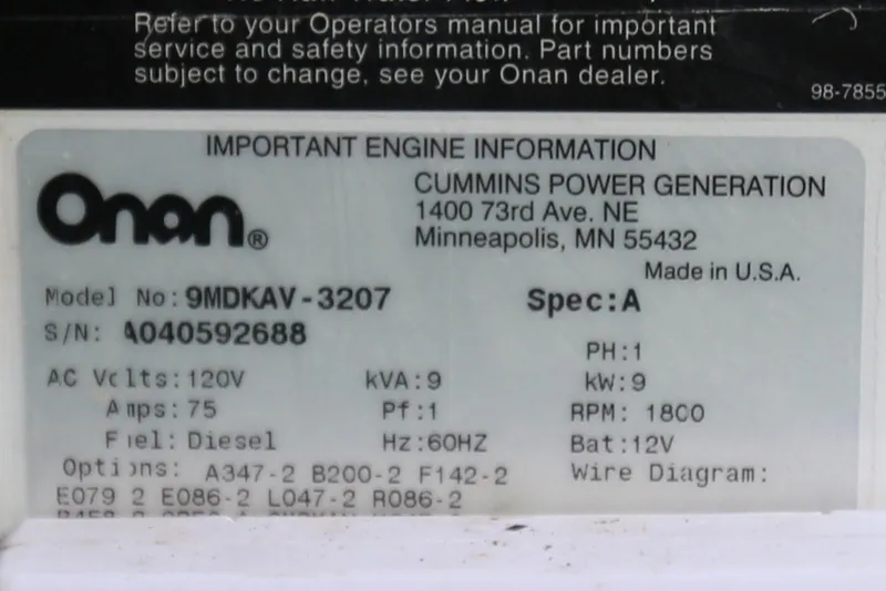 Slide: The Image of Label of Onan generator with specifications for a 2004 Sea Ray 420 Sedan Bridge. - 103