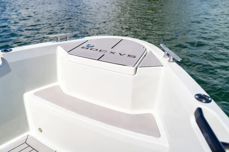 Slide: The Image of 2021 Saxdor 320 GTO boat deck with sleek design on water. - 34