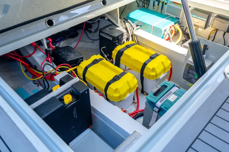 Slide: The Image of Electrical system of 2021 Saxdor 320 GTO boat with batteries and wiring. - 48