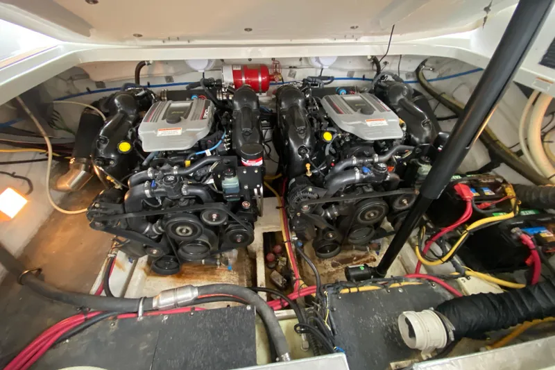 Slide: The Image of Engine compartment of 2015 Crownline 335 SS with Mercury MerCruiser 350 engine. - 46