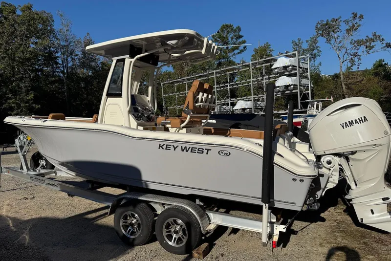 Slide: The Image of 2026 Key West 239 FSR boat on trailer with Yamaha outboard motor. - 2