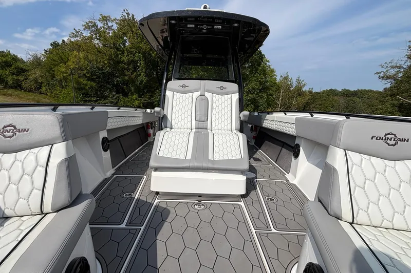 Slide: The Image of 2022 Fountain 38 SC boat interior with luxurious seating and modern design. - 15