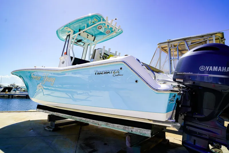 Slide: The Image of 2021 Tidewater 256 LXF boat with Yamaha engine, docked under clear blue sky. - 1