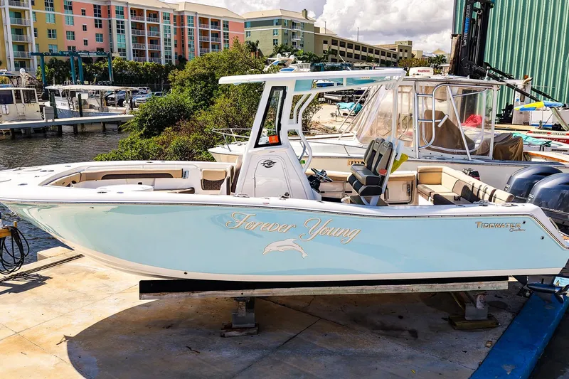 Slide: The Image of 2021 Tidewater 256 LXF boat named "Forever Young" docked at a marina. - 29