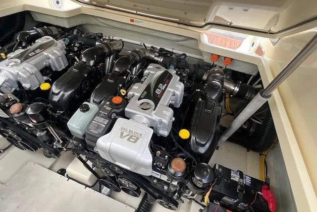 Slide: The Image of 2021 Chris-Craft Launch 35 GT engine compartment showcasing powerful V8 engines. - 41