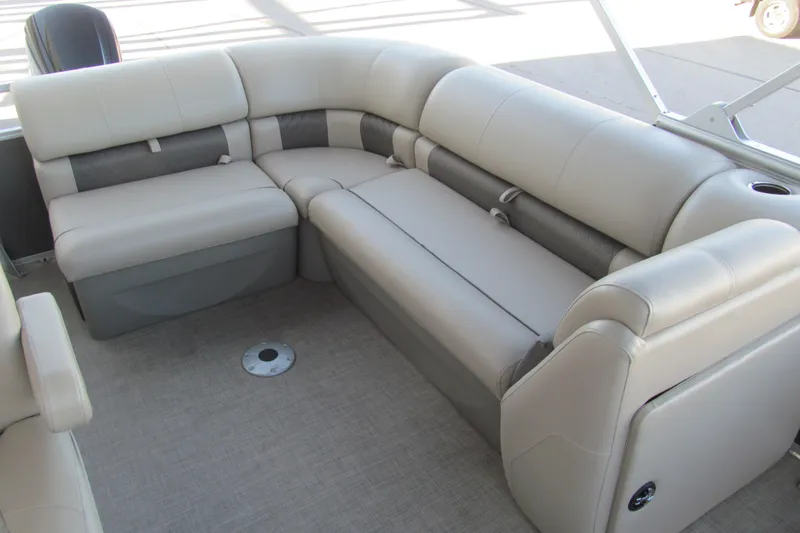 Slide: The Image of 2022 Sun Tracker Party Barge 20 DLX interior with plush seating and modern design. - 10