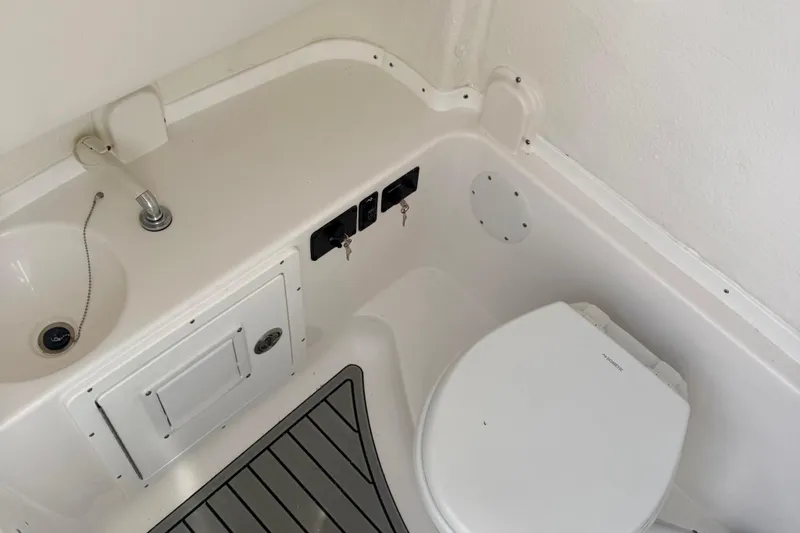 Slide: The Image of 2026 Tidewater 282 CC Adventure boat interior with sink and toilet. - 41