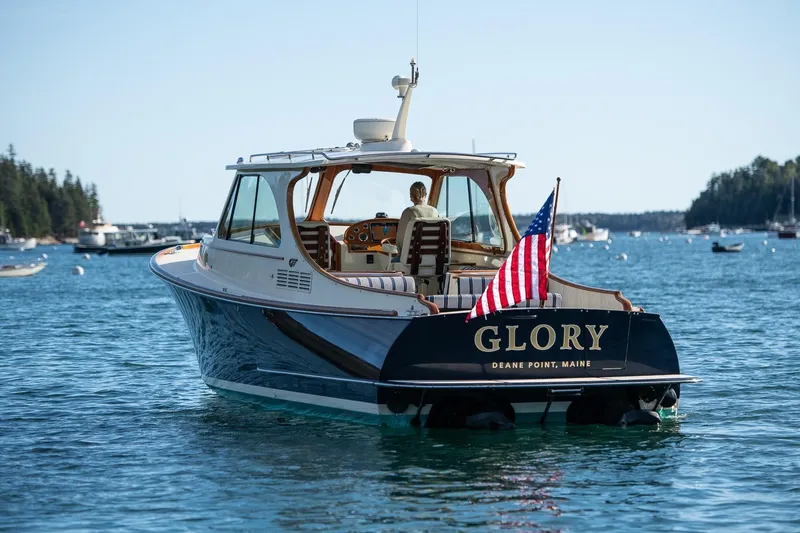 The Image of 2013 Hinckley Talaria 34 boat "Glory" on serene water, Deane Point, Maine. - 1