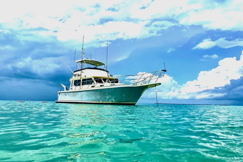 The Image of Custom 1999 Sport Fishing boat anchored on turquoise water under a cloudy sky. - 0