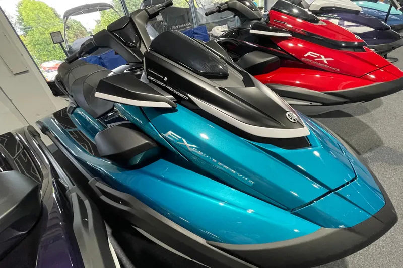 The Image of 2026 Yamaha WaveRunner FX Cruiser SVHO in showroom, sleek blue design. - 0