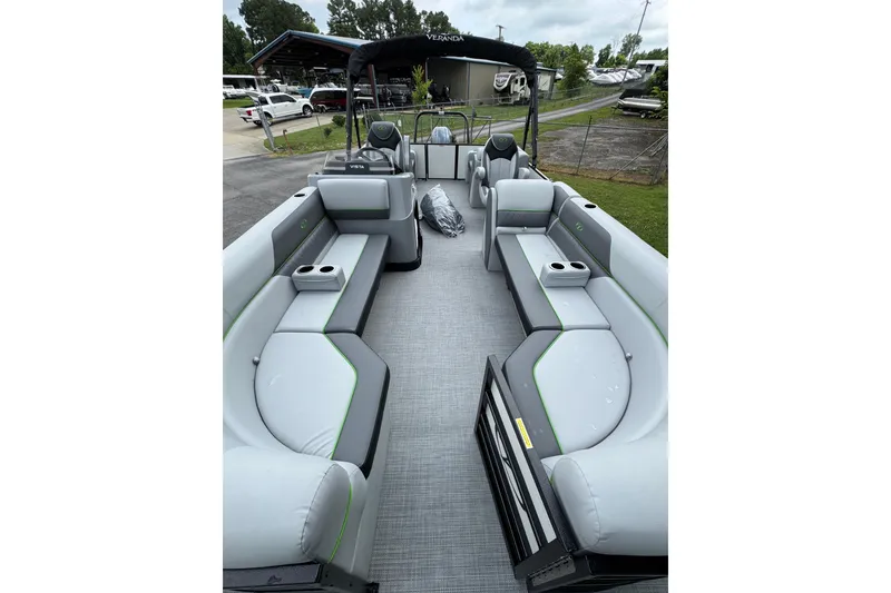 Slide: The Image of 2025 Veranda Vista Sport VS 22 RC pontoon boat with spacious seating and modern design. - 3