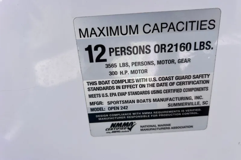 Slide: The Image of 2023 Sportsman Open 242 Center Console capacity label, 12 persons or 2160 lbs. - 43