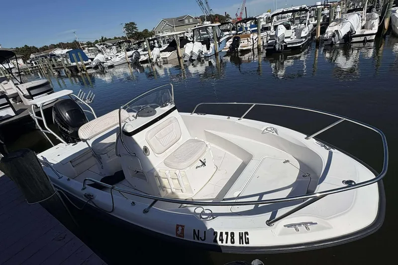 Slide: The Image of 2011 Boston Whaler 180 Dauntless boat docked at a marina, surrounded by other vessels. - 3