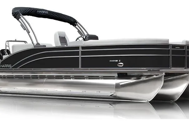 The Image of 2026 Harris Cruiser 210 SLDH pontoon boat, sleek design with black and silver accents. - 1