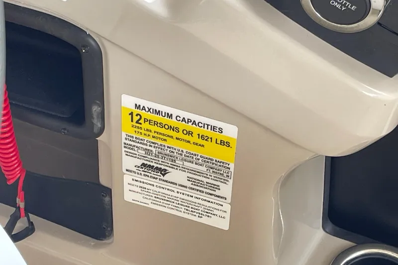 Slide: The Image of 2026 Harris Cruiser 210 capacity label, maximum 12 persons or 1621 lbs. - 15