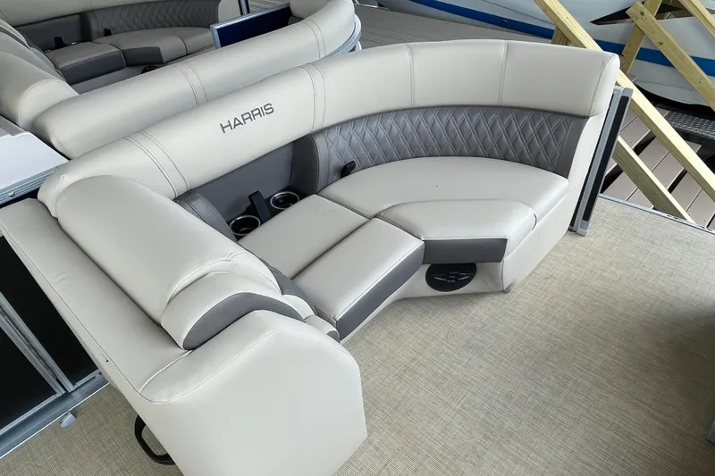 Slide: The Image of Luxurious seating on 2026 Harris Cruiser 210 pontoon boat with elegant upholstery. - 3